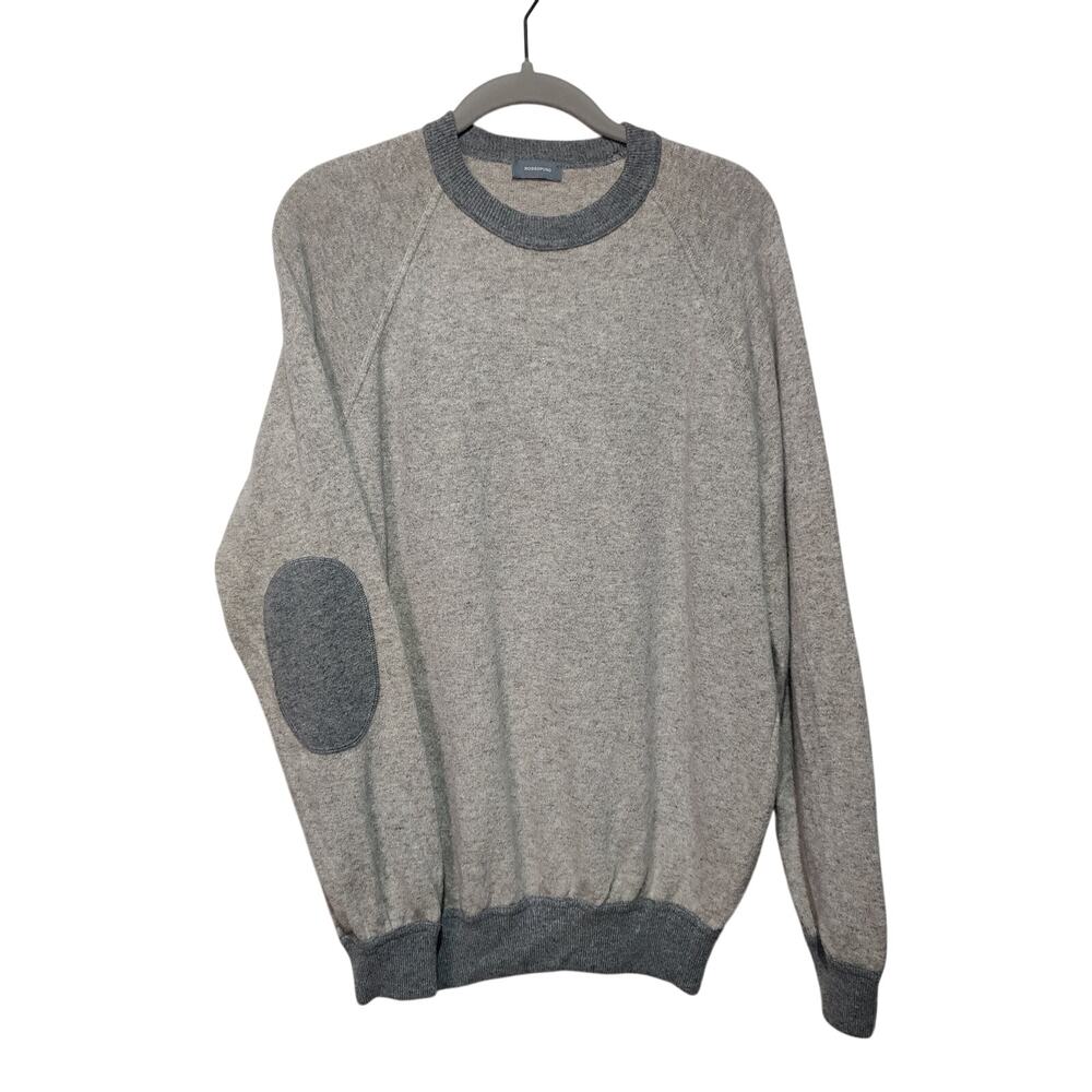 Rossopuro Men's Grey Wool Cashmere Sweater Elbow Patches Crew Neck Pullover